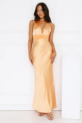 Spiced Sunset Satin Halter Maxi Dress