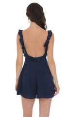 Satin Ruffle V-Neck Dress in Navy