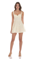 Sequin Embroidered A-Line Dress in Cream