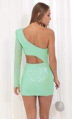 One Shoulder Sequins Dress in Green