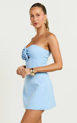 Odelle Mini Dress Tulip Hem Cut Out 3D Floral Dress in Blue