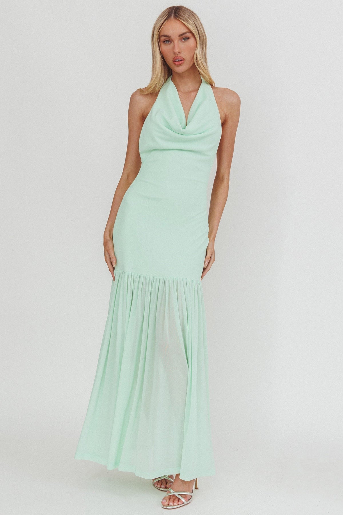 Kailyn Cowl Neck Sheer Hem Maxi Dress Mint