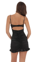 Satin Ruched Ruffle Dress in Black