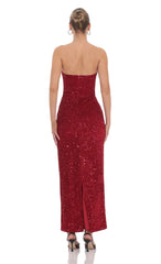 Velvet Sequin Strapless Maxi Dress in Red