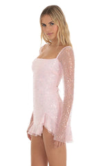 Sequin Long Sleeve Dress in Pink