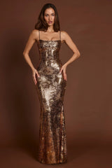 Embellished Straight-Neck Maxi Dress in Black Gold Foil