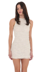 High Neck Sequin Floral Dress in Ivory