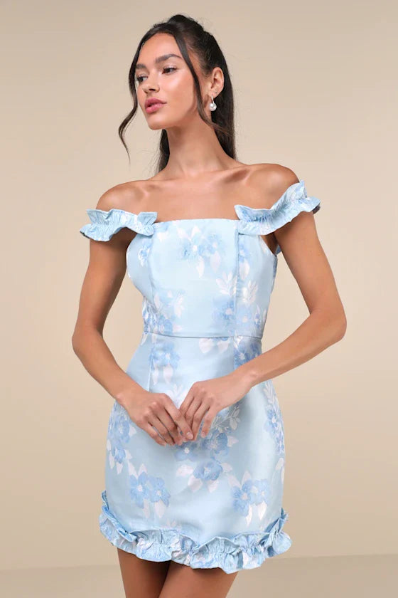 Pop the Bottle Light Blue Floral Jacquard Ruffled Mini Dress