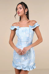 Pop the Bottle Light Blue Floral Jacquard Ruffled Mini Dress