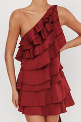 Arrabel Tiered Ruffle One Shoulder Mini Dress Wine