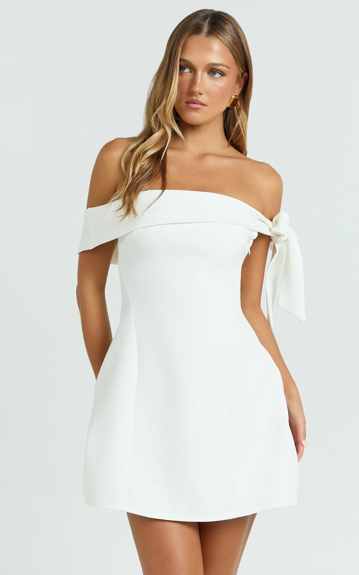 Cecilia Mini Dress Off Shoulder Tie Detail Dress in White