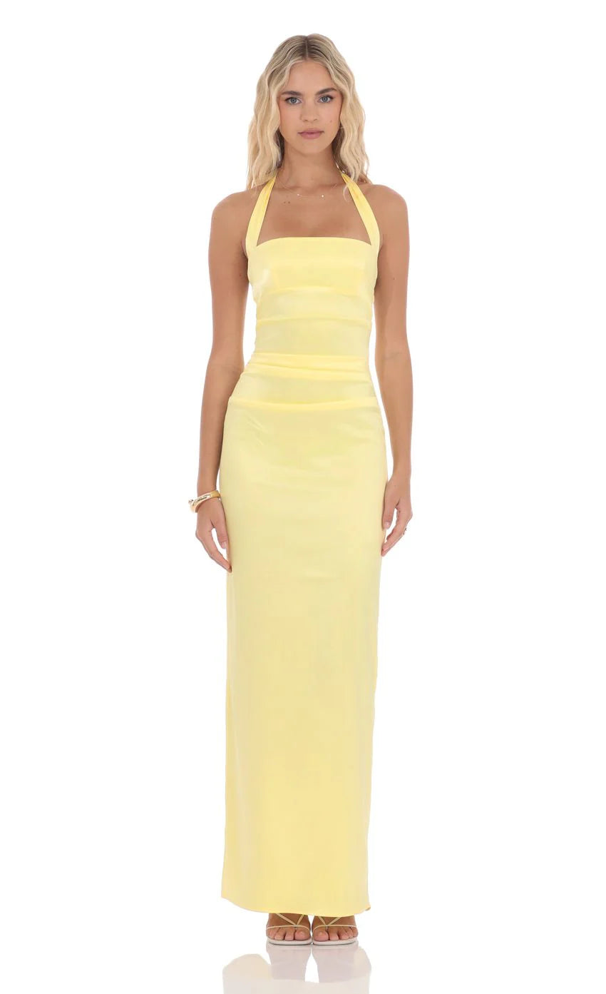 Satin Halter Maxi Dress in Yellow