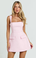 Garrett Mini Dress - Square Neck Fit And Flare Dress in Pink