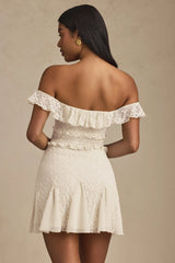 Off-Shoulder Lace A-Line Mini Dress in Ivory