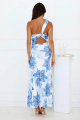 Blueberry Breeze One Shoulder Mesh Maxi Dress Blue