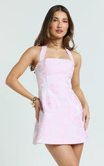 Gabbie Mini Dress Jacquard Halter Fit And Flare Dress in Pink