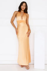 Spiced Sunset Satin Halter Maxi Dress