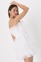 Tulle Intentions White Strapless Tiered Tulle Mini Dress