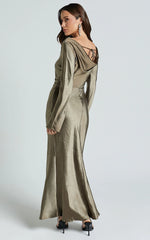 Arriana Midi Dress - Long Sleeve Cowl Back Satin Dress in Dark Olive