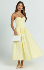 Daria Midi Dress Strapless Corset Gathered Dress in Lemon
