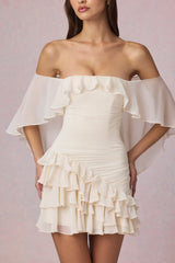Off-Shoulder Ruffled Mini Dress in Ivory