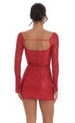 Sequin Long Sleeve Dress in Red