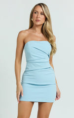 Junaidah Mini Dress Strapless Ruched Dress in Blue