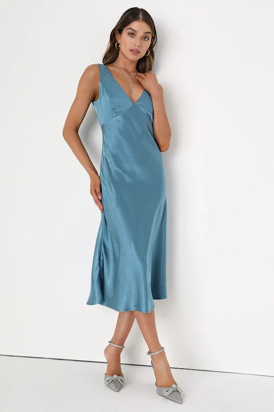 Incredible Love Slate Blue Satin Cowl Back Midi Slip Dress