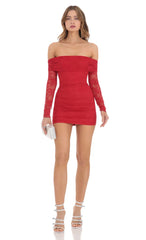 Off Shoulder Long Sleeve Lace Dress in Red