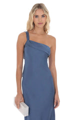 Satin One Shoulder Tassel Maxi Dress in Denim Blue