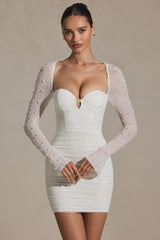 Embellished Long-Sleeve Mini Dress in White