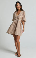 Rosita Mini Dress - Tie Front Puff Sleeve Dress in Caramel & White Gingham