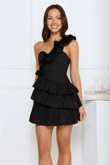 Precious Time One Shoulder Mini Dress Black