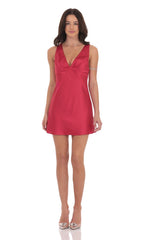 Satin V-Neck Open back Dress in Red