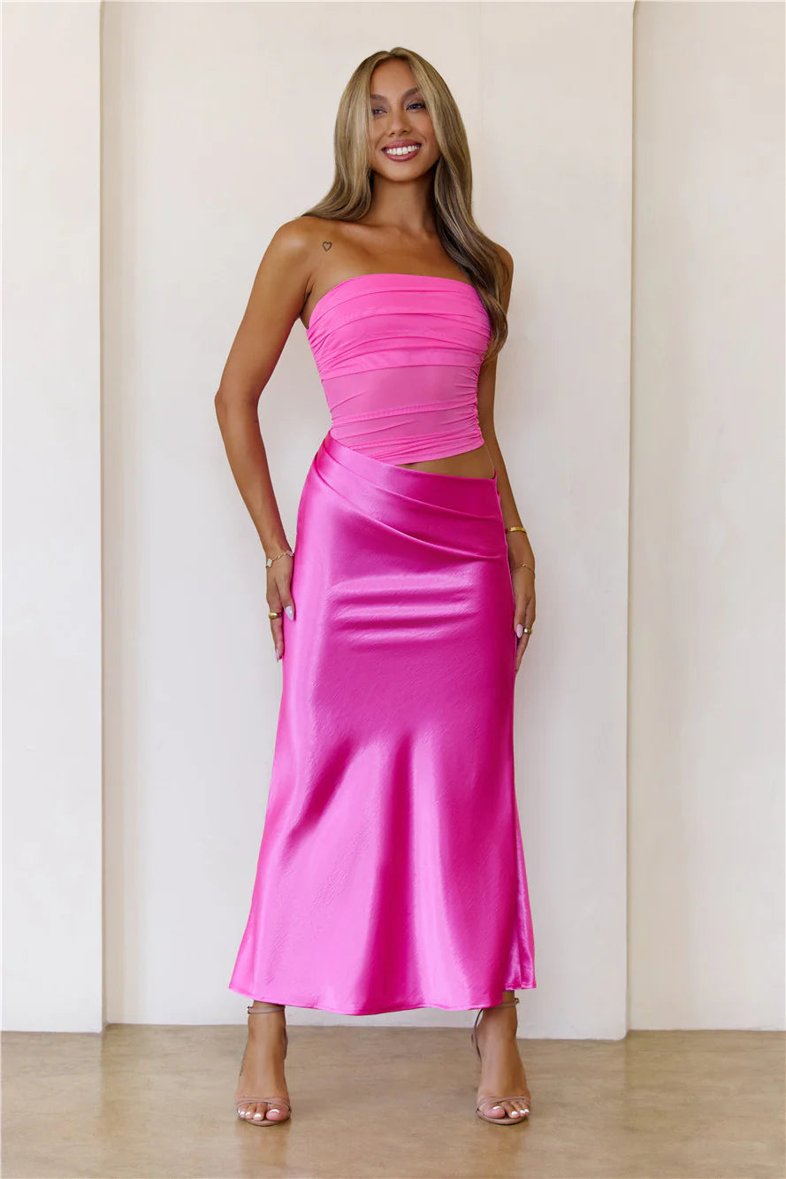 Luxe Attitude Satin Mesh Strapless Maxi Dress Pink