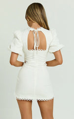 Laila Mini Linen Blend Dress High Neck Side Cut Out Puff Sleeve Straight Dress in Off White