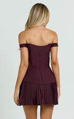 Izara Mini Dress Off Shoulder Pleated Dress in Wine