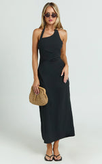 Lindley Midi Dress Halter Neck Linen Look Dress in Black