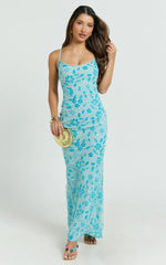 Robbie Maxi Dress Strappy Scoop Neck Column Fitted Sequin Mesh Dress in Blue