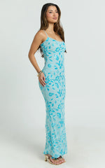 Robbie Maxi Dress Strappy Scoop Neck Column Fitted Sequin Mesh Dress in Blue