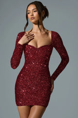 Sephina  Embellished Sweetheart-Neck Mini Dress in Red